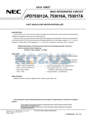 UPD753016AGC datasheet - 4-BIT SINGLE-CHIP MICROCONTROLLER