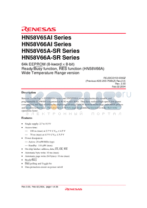 HN58V65ATI-10 datasheet - 64k EEPROM (8-kword x 8-bit) Ready/Busy function, RES function (HN58V66A) Wide Temperature Range version