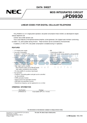 UPD9930G-22 datasheet - LINEAR CODEC FOR DIGITAL CELLULAR TELEPHONE