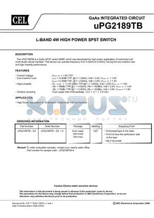 UPG2189TB datasheet - L-BAND 4W HIGH POWER SPST SWITCH
