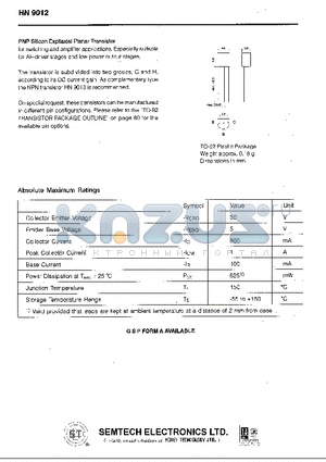HN9012 datasheet - PNP Silicon Epitaxial Planar Transistor for switching and amplifier applications