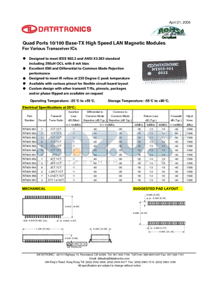NT805-954 datasheet - Quad Ports 10/100 Base-TX High Speed LAN Magnetic Modules