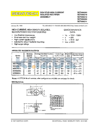 SET050204 datasheet - DO5 STUD HIGH CURRENT ISOLATED RECTIFIER ASSEMBLY
