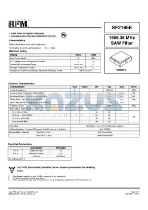 SF2165E datasheet - 1586.36 MHz SAW Filter
