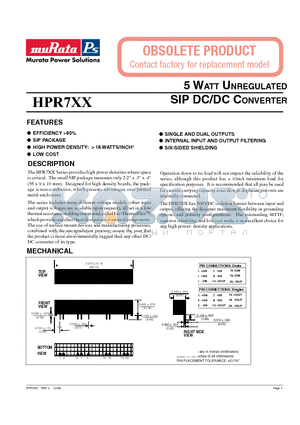 HPR711 datasheet - 5 WATT UNREGULATED SIP DC/DC CONVERTER