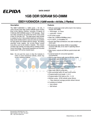 EBD11UD8ADDA-7B datasheet - 1GB DDR SDRAM SO-DIMM (128M words x64 bits, 2 Ranks)