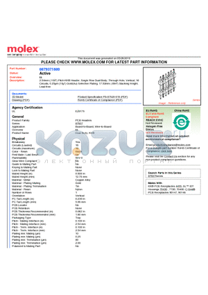 87937-1600 datasheet - 2.54mm (.100) Pitch KK^ Header, Single Row Dual Body, Through Hole, Vertical, 16 Circuits, 0.25lm (10l) Gold(Au) Selective Plating, 17.63mm (.694) Stacking Height