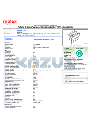 87957-1005 datasheet - 2.50mm (.098) Pitch Header, Right Angle, Through Hole, 5 Circuits, Tin (Sn) Overall Plating, Tray Packaging, Lead-free