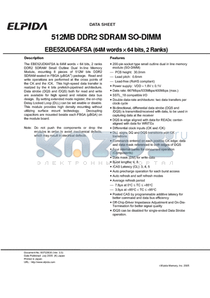 EBE52UD6AFSA-4A-E datasheet - 512MB DDR2 SDRAM SO-DIMM (64M words x 64 bits, 2 Ranks)