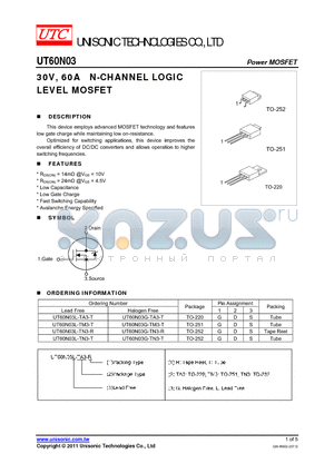 UT60N03G-TM3-T datasheet - 30V, 60A N-CHANNEL LOGIC LEVEL MOSFET