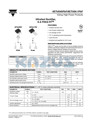 8ETU04STRLPBF datasheet - Ultrafast Rectifier, 8 A FRED PtTM