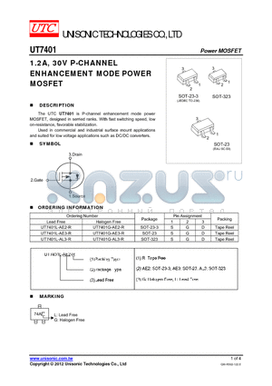 UT7401G-AL3-R datasheet - 1.2A, 30V P-CHANNEL ENHANCEMENT MODE POWER MOSFET