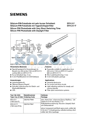 SFH203PFA datasheet - Silizium-PIN-Fotodiode mit sehr kurzer Schaltzeit Silizium-PIN-Fotodiode mit Tageslichtsperrfilter