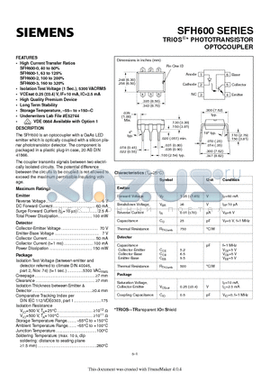 SFH600-2 datasheet - TRIOS PHOTOTRANSISTOR OPTOCOUPLER