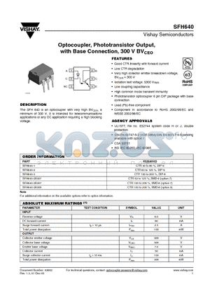 SFH640-3X009 datasheet - Optocoupler, Phototransistor Output, with Base Connection, 300 V BVCEO
