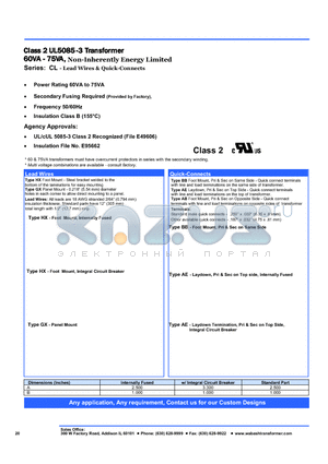 CL60H06-000 datasheet - Class 2 UL5085-3 Transformer 60VA - 75VA, Non-Inherently Energy Limited