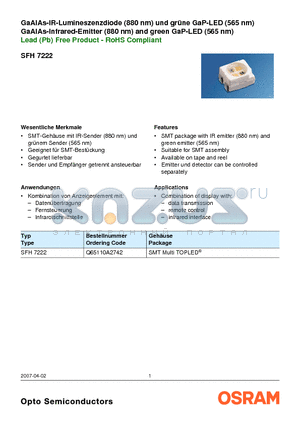 SFH7222 datasheet - GaAlAs-IR-Lumineszenzdiode (880 nm) und grne GaP-LED (565 nm)