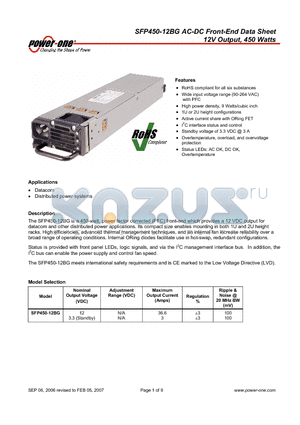 SFP450-12BG datasheet - AC-DC Front-End 12V Output, 450 Watts