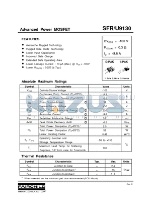 SFRU9130 datasheet - Advanced Power MOSFET