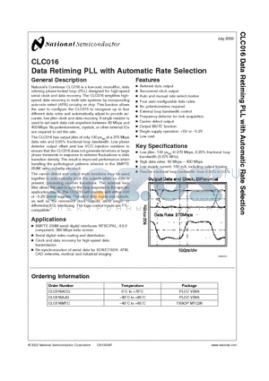 CLC016AJQ datasheet - Data Retiming PLL with Automatic Rate Selection