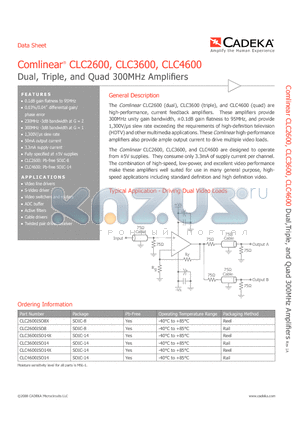 CLC3600ISO14 datasheet - Dual, Triple, and Quad 300MHz Amplifiers