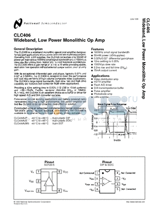 CLC406 datasheet - Wideband, Low Power Monolithic Op Amp