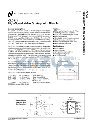 CLC411AJE datasheet - High-Speed Video Op Amp with Disable