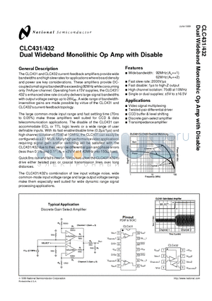 CLC431 datasheet - Dual Wideband Monolithic Op Amp with Disable