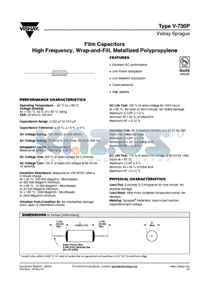 V-730P274X9630 datasheet - Film Capacitors High Frequency, Wrap-and-Fill, Metallized Polypropylene