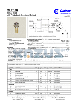 CLE390 datasheet - 850nm IRED with Photodiode Monitored Output