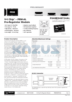 V048K160T019 datasheet - VI Chip - PRM-AL Pre-regulator Module