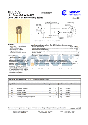 CLE539 datasheet - High Power GaN White LED Dome Lens Can, Hermetically Sealed