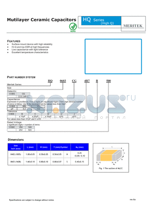 HQ0603CG101B500 datasheet - Mutilayer Ceramic Capacitors