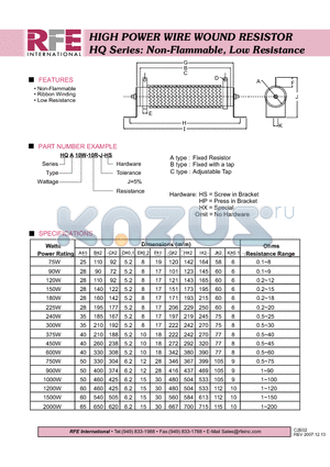 HQB150W-10R-J-HS datasheet - HIGH POWER WIRE WOUND RESISTOR HQ Series: Non-Flammable, Low Resistance