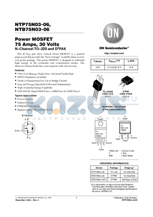 NTB75N03-06T4 datasheet - Power MOSFET 75 Amps, 30 Volts N−Channel TO−220 and D2PAK