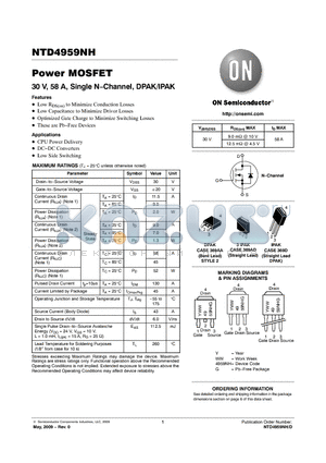 NTD4959NHT4G datasheet - Power MOSFET 30 V, 58 A, Single N−Channel, DPAK/IPAK