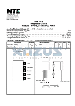 NTE1012 datasheet - Integrated Circuit Module − Hybrid, 27MHz OSC AM IF