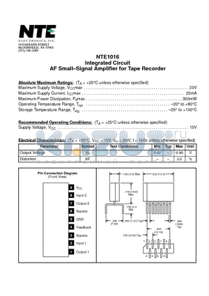 NTE1016 datasheet - Integrated Circuit AF Small-Signal Amplifier for Tape Recorder