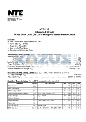 NTE1217 datasheet - Integrated Circuit Phase Lock Loop (PLL) FM Multiplex Stereo Demodulator