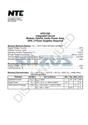 NTE1320 datasheet - Integrated Circuit Module, Hybrid, Audio Power Amp, 25W, 2 Power Supplies Required