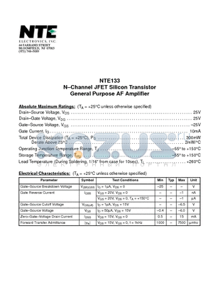 NTE133 datasheet - N.Channel JFET Silicon Transistor General Purpose AF Amplifier