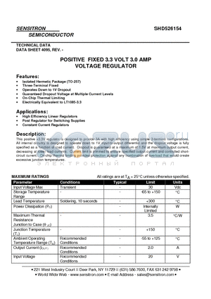 SHD526154 datasheet - POSITIVE FIXED 3.3 VOLT 3.0 AMP VOLTAGE REGULATOR