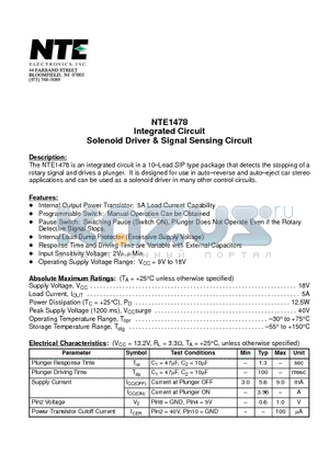 NTE1478 datasheet - Integrated Circuit Solenoid Driver & Signal Sensing Circuit
