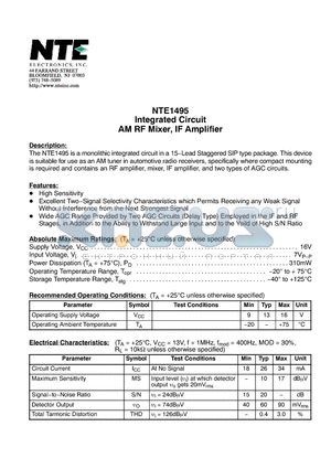 NTE1495 datasheet - Integrated Circuit AM RF Mixer, IF Amplifier