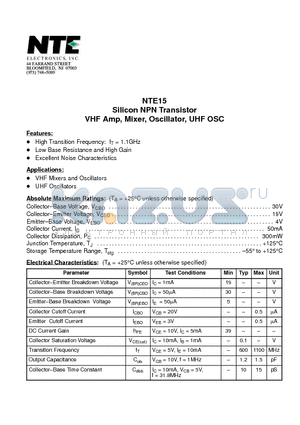 NTE15 datasheet - Silicon NPN Transistor VHF Amp, Mixer, Oscillator, UHF OSC