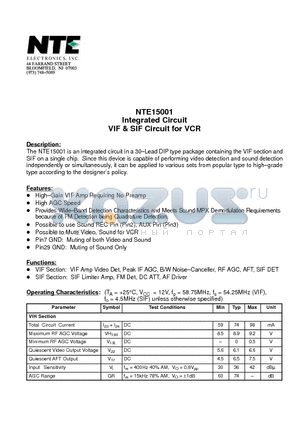 NTE15001 datasheet - Integrated Circuit VIF & SIF Circuit for VCR