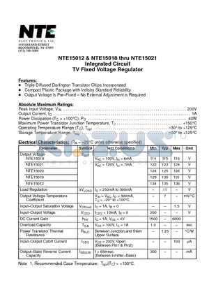 NTE15012 datasheet - Integrated Circuit TV Fixed Voltage Regulator