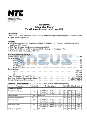 NTE15013 datasheet - Integrated Circuit TV VIF Amp, Phase Lock Loop (PLL)