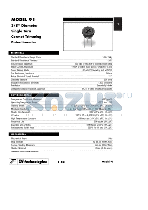 91AR25KLF datasheet - 3/8 Diameter Single Turn Cermet Trimming Potentiometer