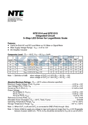 NTE1514 datasheet - Integrated Circuit 5-Step LED Driver for Logarithmic Scale